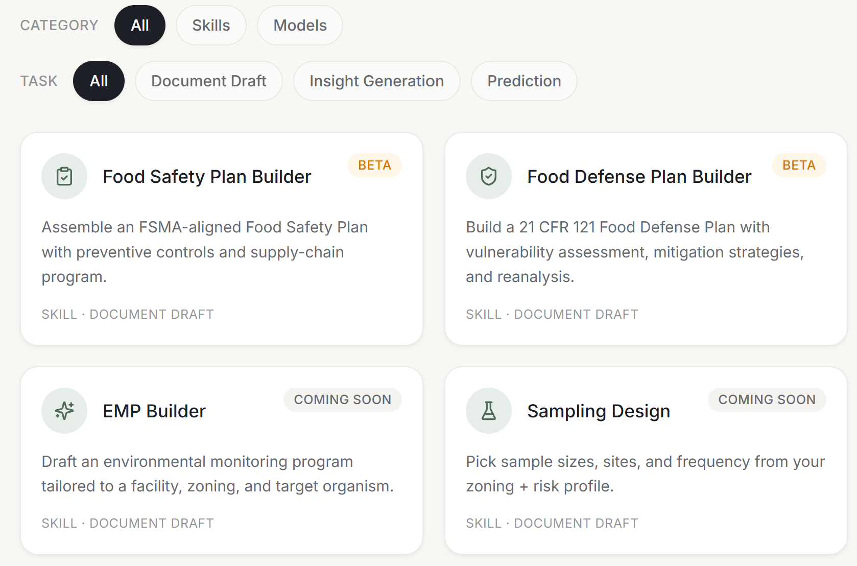 Toolbox — Food Safety Plan Builder, Food Defense Plan Builder, EMP Builder, Sampling Design